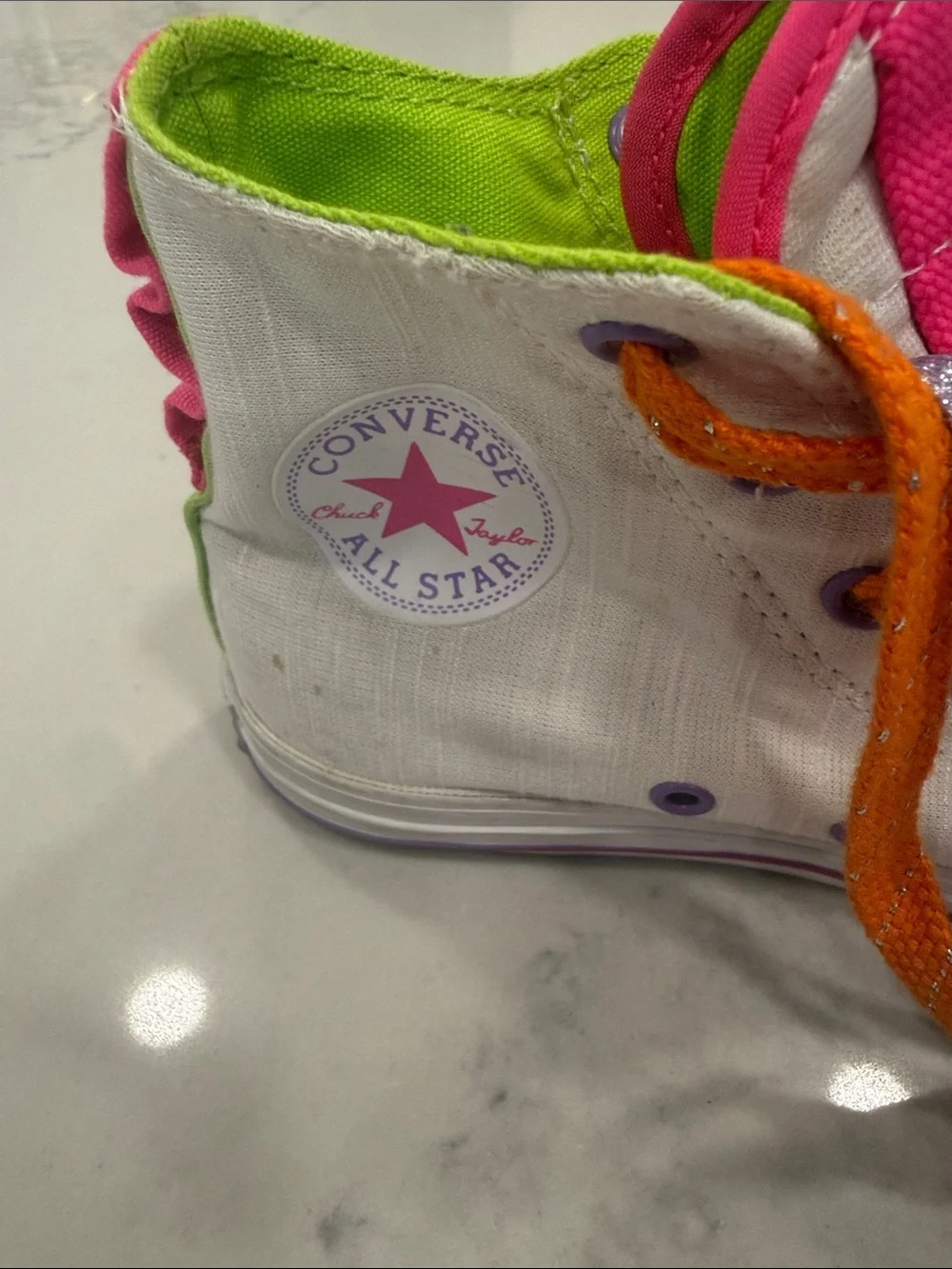 Kids White Converse Sneakers with Pink & Purple Accents